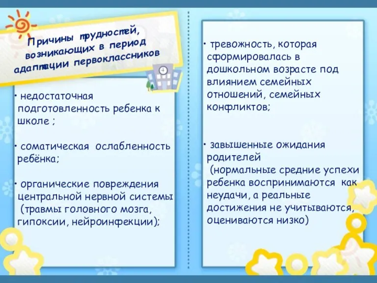 Причины трудностей, возникающих в период адаптации первоклассников недостаточная подготовленность ребенка к школе