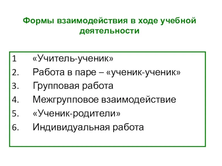 Формы взаимодействия в ходе учебной деятельности 1 «Учитель-ученик» 2. Работа в паре