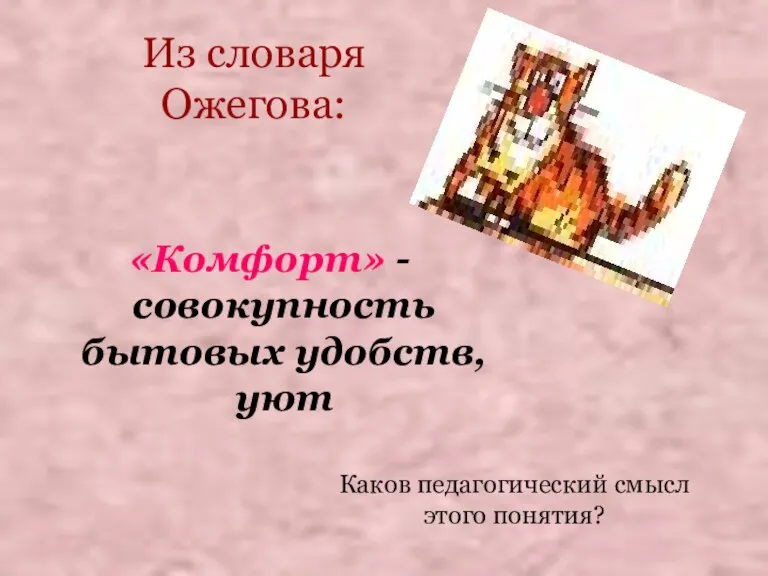 Из словаря Ожегова: «Комфорт» - совокупность бытовых удобств, уют Каков педагогический смысл этого понятия?