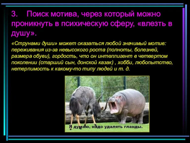 3. Поиск мотива, через который можно проникнуть в психическую сферу, «влезть в