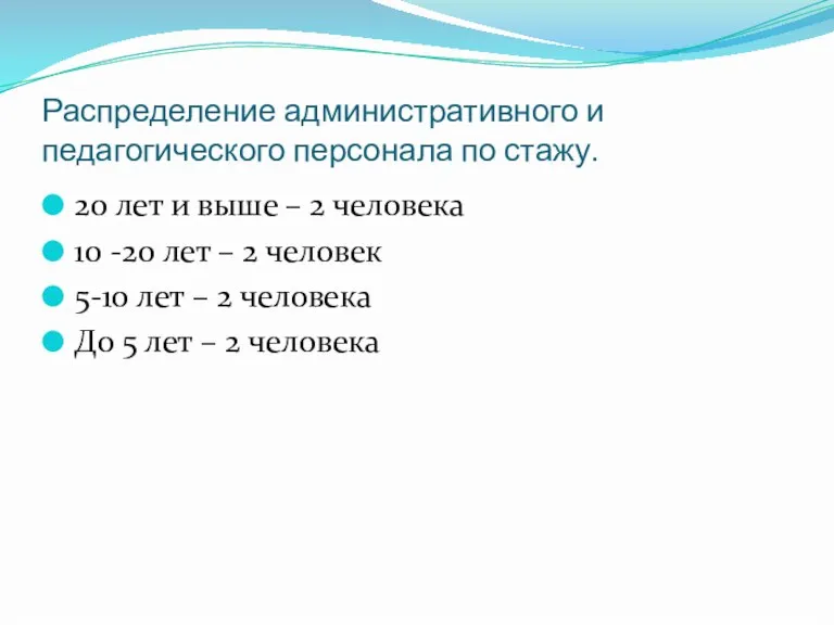 Распределение административного и педагогического персонала по стажу. 20 лет и выше –