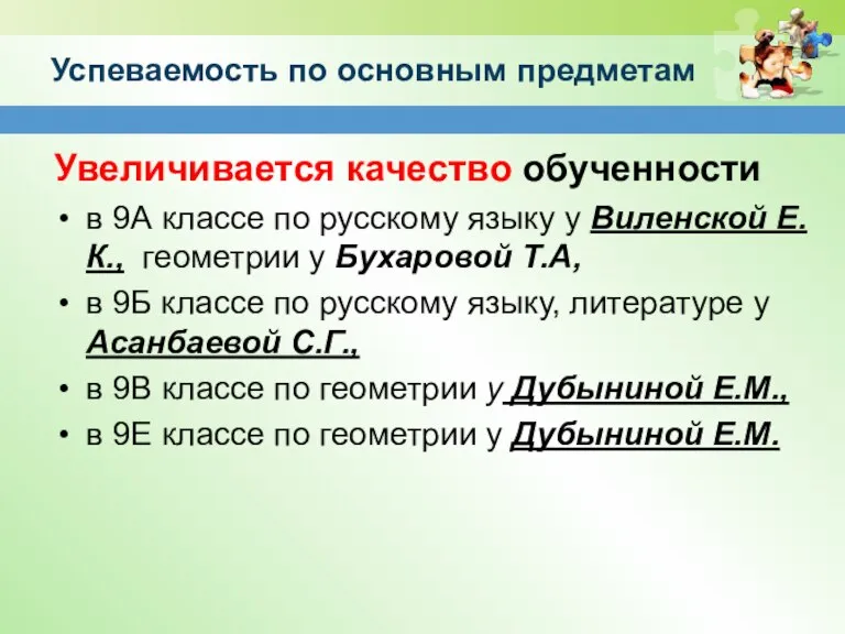 Успеваемость по основным предметам Увеличивается качество обученности в 9А классе по русскому