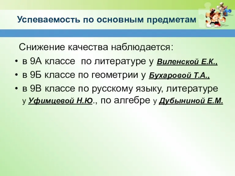 Успеваемость по основным предметам Снижение качества наблюдается: в 9А классе по литературе