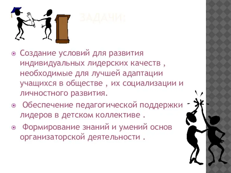 ЗАДАЧИ: Создание условий для развития индивидуальных лидерских качеств , необходимые для лучшей