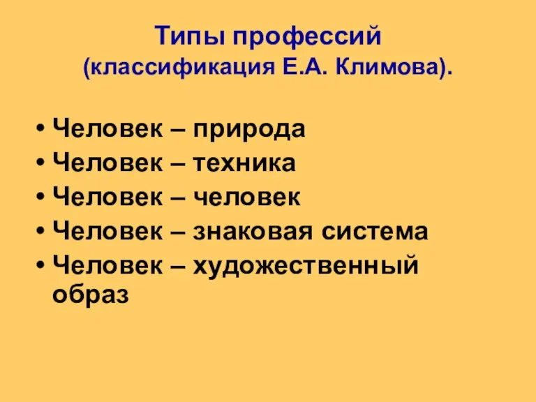 Типы профессий (классификация Е.А. Климова). Человек – природа Человек – техника Человек