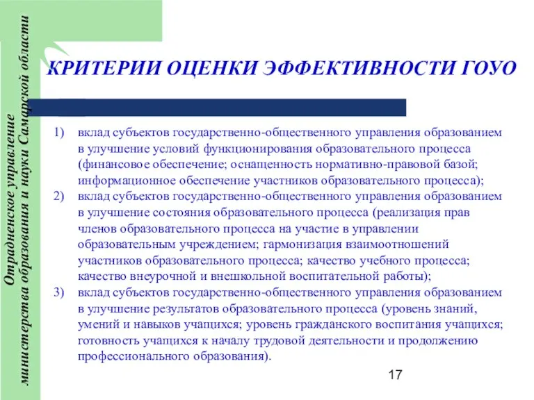 КРИТЕРИИ ОЦЕНКИ ЭФФЕКТИВНОСТИ ГОУО вклад субъектов государственно-общественного управления образованием в улучшение условий