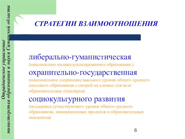 СТРАТЕГИИ ВЗАИМООТНОШЕНИЯ либерально-гуманистическая (максимально индивидуализированное образование ) охранительно-государственная (максимальное сохранение высокого уровня