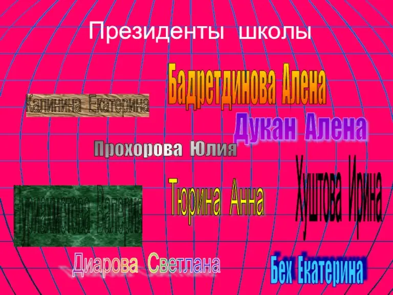 Президенты школы Дукан Алена Калинина Екатерина Прохорова Юлия Нуриахметова Валерия Бадретдинова Алена