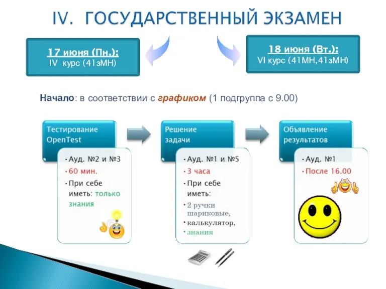 17 июня (Пн.): IV курс (41зМН) 18 июня (Вт.): VI курс (41МН,41зМН)