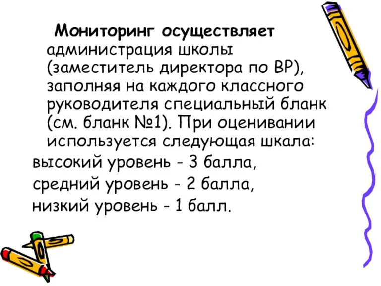 Мониторинг осуществляет администрация школы (заместитель директора по ВР), заполняя на каждого классного