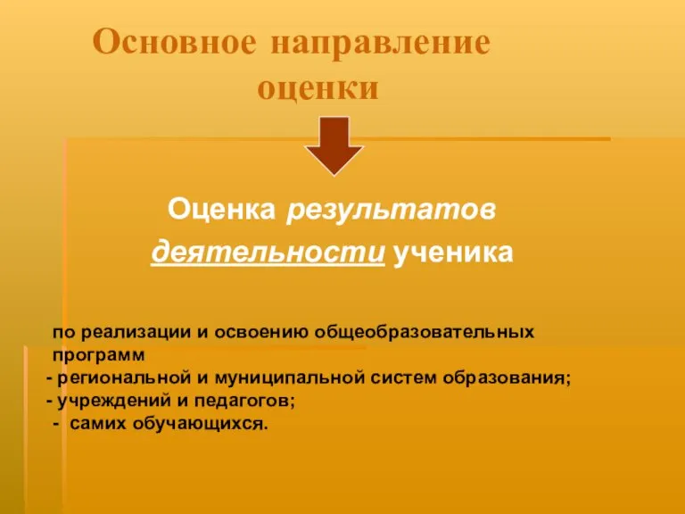 Основное направление оценки Оценка результатов деятельности ученика по реализации и освоению общеобразовательных