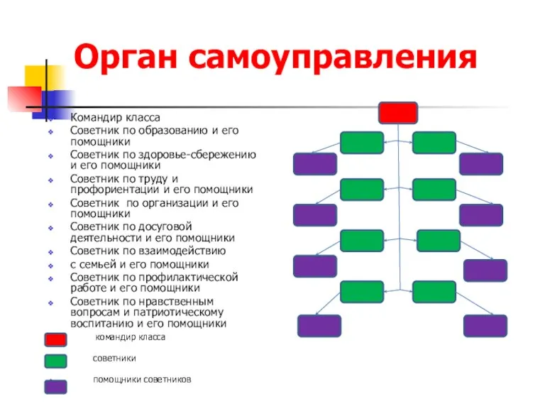 Орган самоуправления Командир класса Советник по образованию и его помощники Советник по