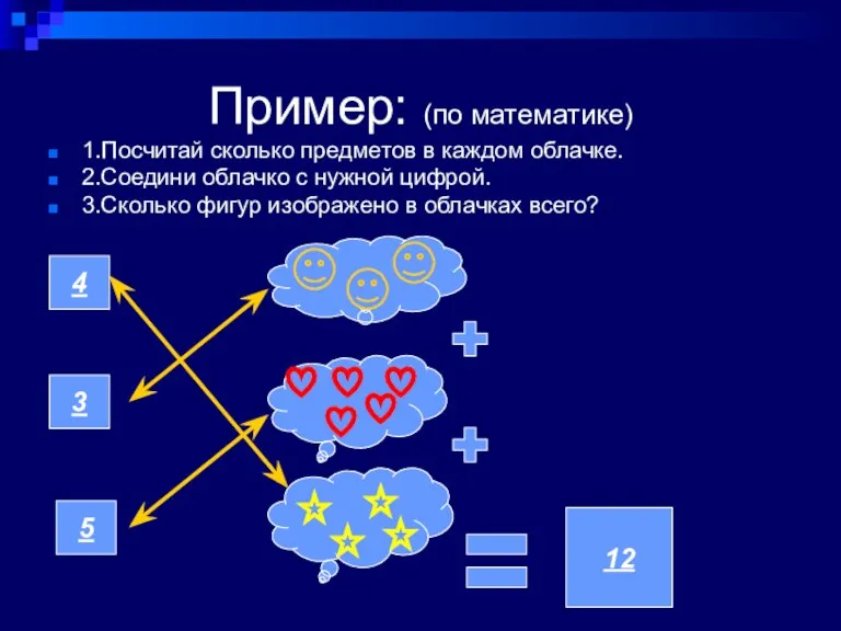 Пример: (по математике) 1.Посчитай сколько предметов в каждом облачке. 2.Соедини облачко с