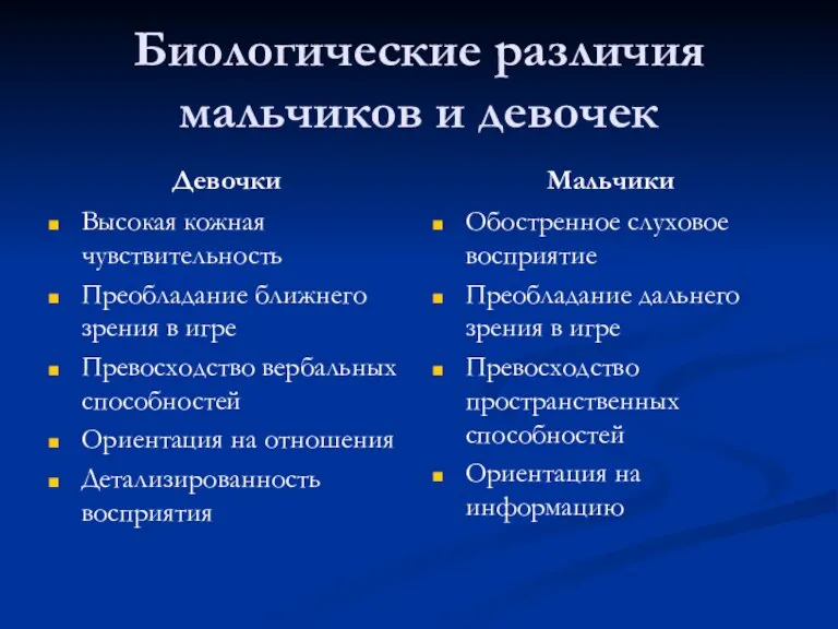 Биологические различия мальчиков и девочек Девочки Высокая кожная чувствительность Преобладание ближнего зрения