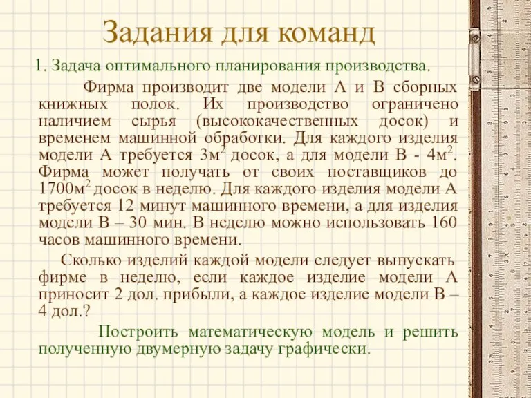 Задания для команд 1. Задача оптимального планирования производства. Фирма производит две модели