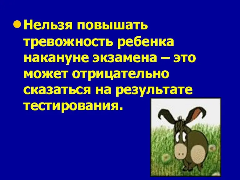 Нельзя повышать тревожность ребенка накануне экзамена – это может отрицательно сказаться на результате тестирования.