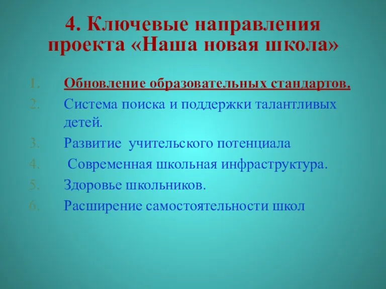 4. Ключевые направления проекта «Наша новая школа» Обновление образовательных стандартов. Система поиска