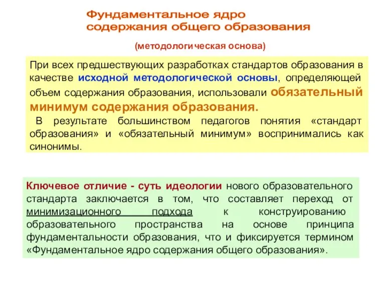 Фундаментальное ядро содержания общего образования (методологическая основа) Ключевое отличие - суть идеологии