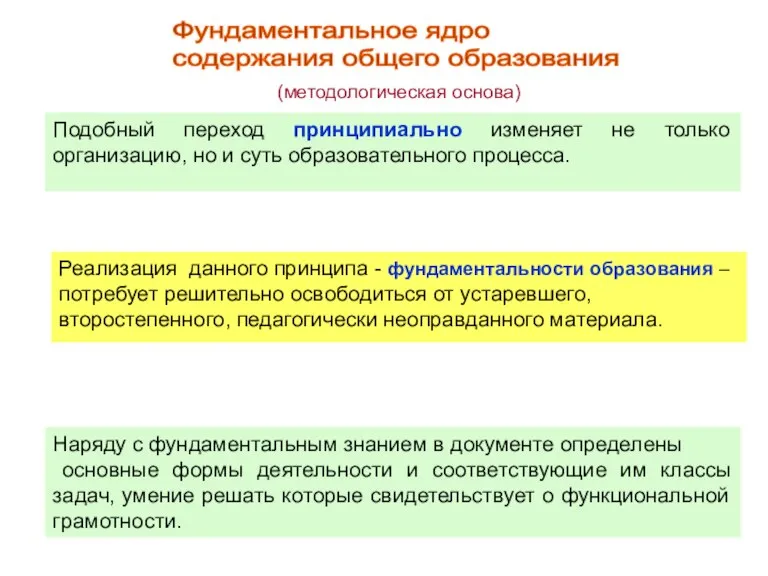 Фундаментальное ядро содержания общего образования (методологическая основа) Подобный переход принципиально изменяет не