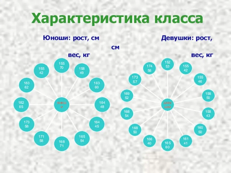 Характеристика класса Юноши: рост, см Девушки: рост, см вес, кг вес, кг