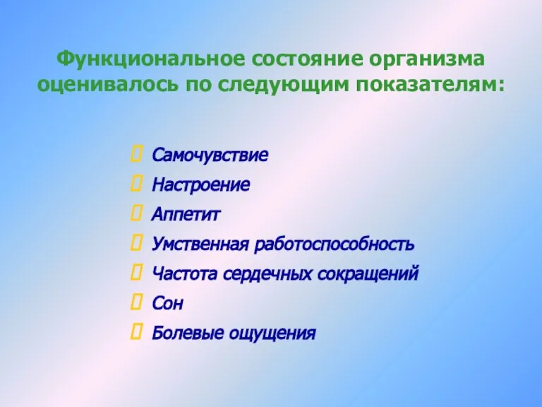 Функциональное состояние организма оценивалось по следующим показателям: Самочувствие Настроение Аппетит Умственная работоспособность