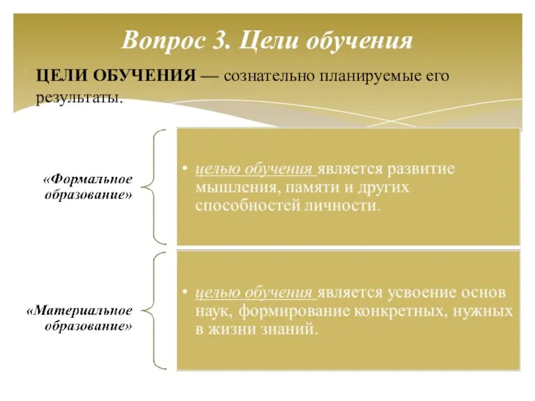 ЦЕЛИ ОБУЧЕНИЯ — сознательно планируемые его результаты. Вопрос 3. Цели обучения