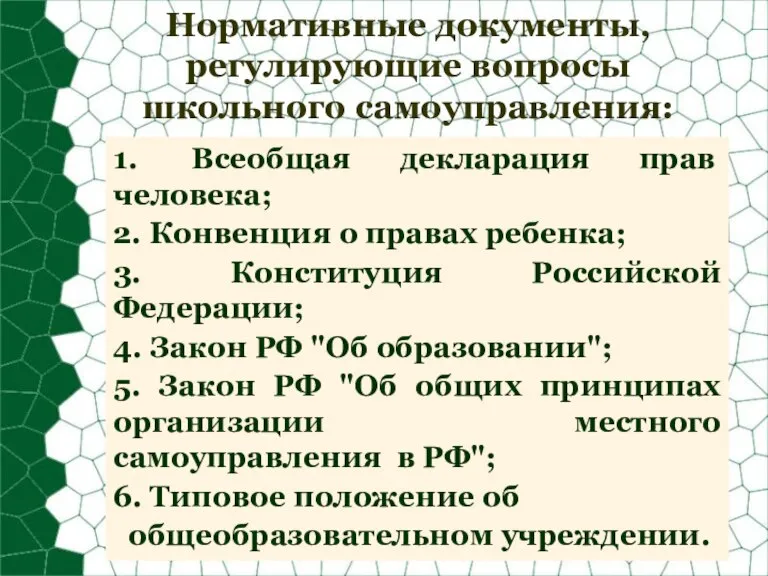 Нормативные документы, регулирующие вопросы школьного самоуправления: 1. Всеобщая декларация прав человека; 2.