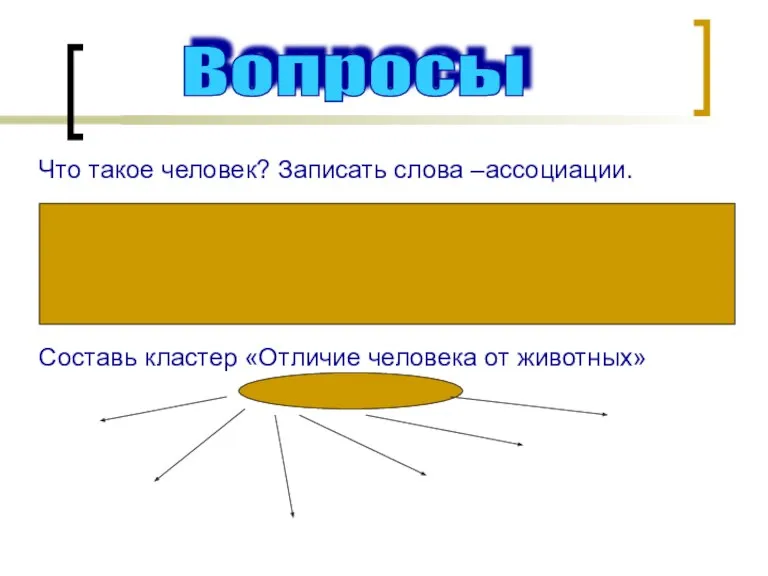 Вопросы Что такое человек? Записать слова –ассоциации. Составь кластер «Отличие человека от животных»