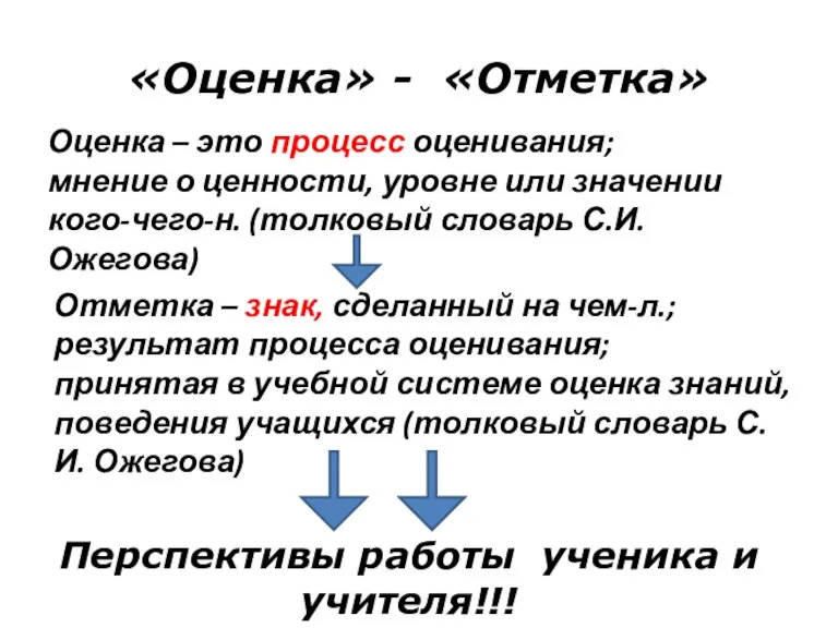 «Оценка» - «Отметка» Отметка – знак, сделанный на чем-л.; результат процесса оценивания;