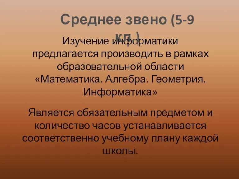 Изучение информатики предлагается производить в рамках образовательной области «Математика. Алгебра. Геометрия. Информатика»