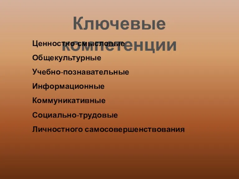 Ключевые компетенции Ценностно-смысловые Общекультурные Учебно-познавательные Информационные Коммуникативные Социально-трудовые Личностного самосовершенствования