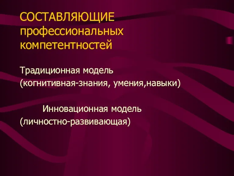 СОСТАВЛЯЮЩИЕ профессиональных компетентностей Традиционная модель (когнитивная-знания, умения,навыки) Инновационная модель (личностно-развивающая)