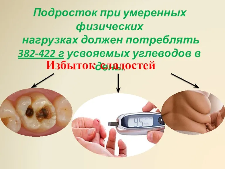 Подросток при умеренных физических нагрузках должен потреблять 382-422 г усвояемых углеводов в день. Избыток сладостей