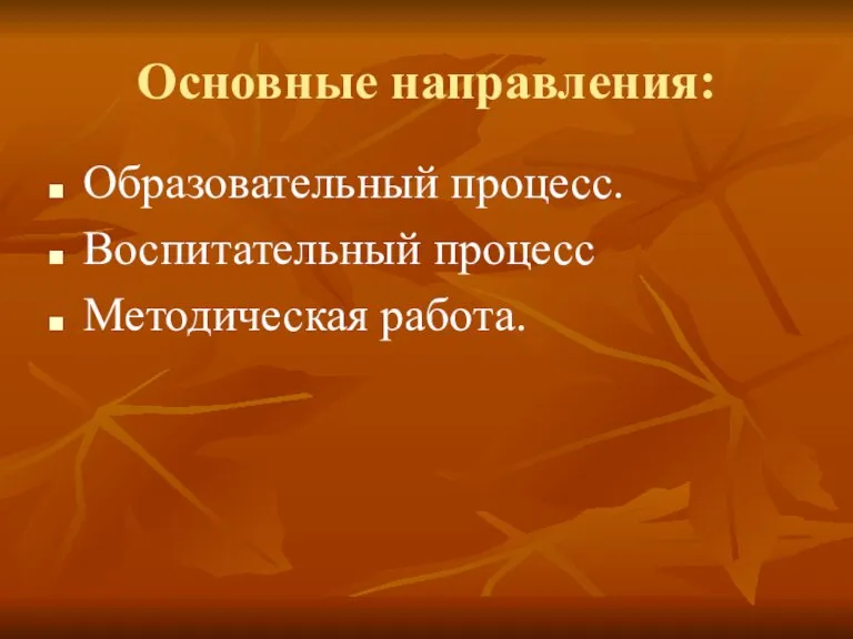 Основные направления: Образовательный процесс. Воспитательный процесс Методическая работа.