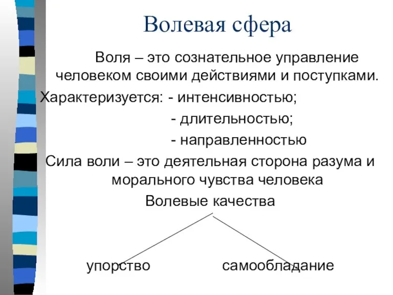 Волевая сфера Воля – это сознательное управление человеком своими действиями и поступками.