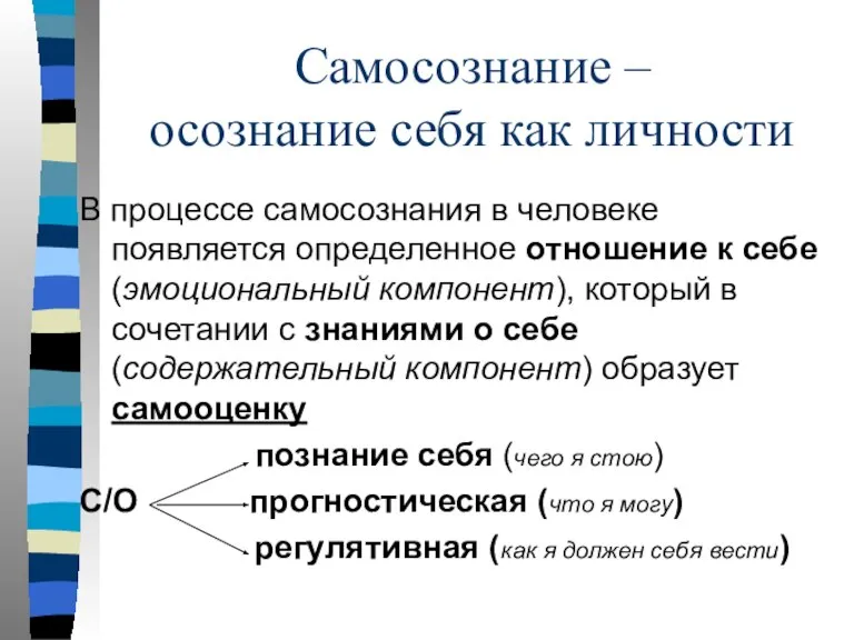 Самосознание – осознание себя как личности В процессе самосознания в человеке появляется