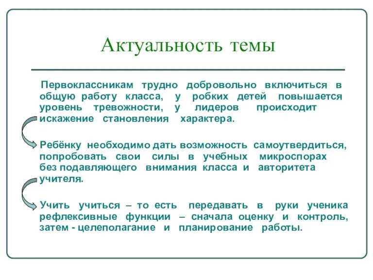 Актуальность темы Первоклассникам трудно добровольно включиться в общую работу класса, у робких