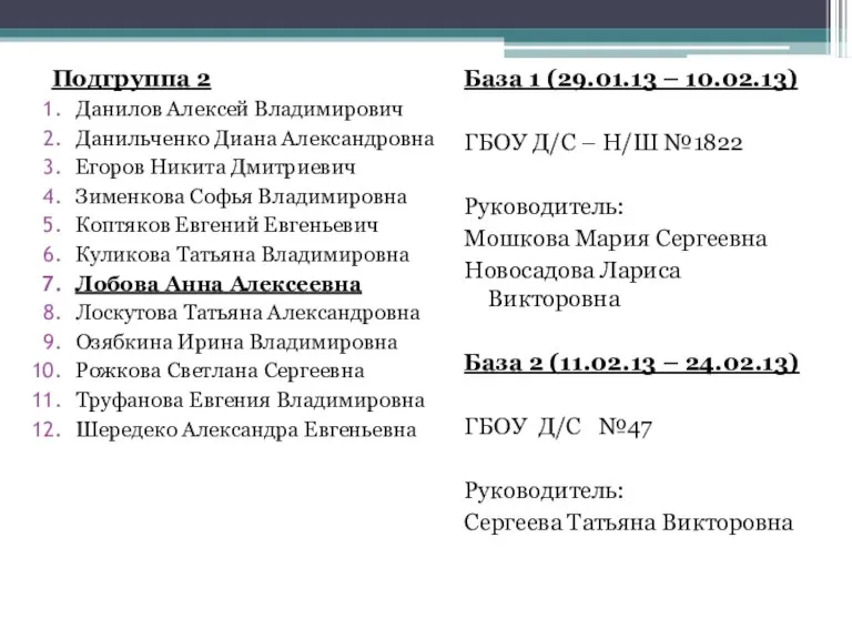 Подгруппа 2 Данилов Алексей Владимирович Данильченко Диана Александровна Егоров Никита Дмитриевич Зименкова