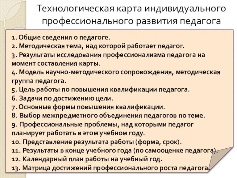 Технологическая карта индивидуального профессионального развития педагога 1. Общие сведения о педагоге. 2.