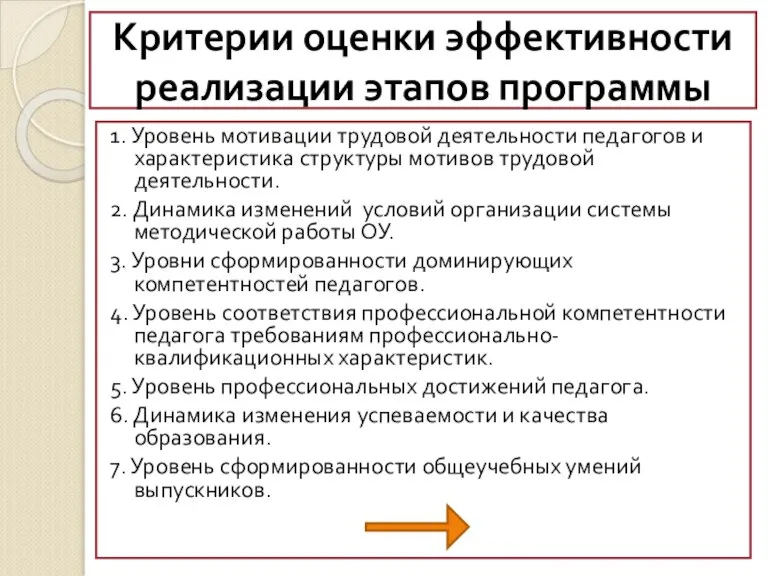 Критерии оценки эффективности реализации этапов программы 1. Уровень мотивации трудовой деятельности педагогов