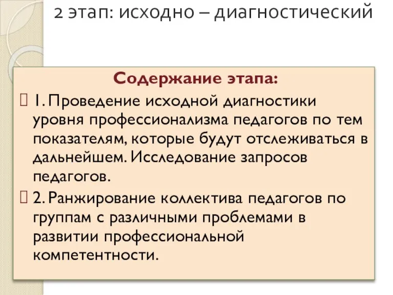 2 этап: исходно – диагностический Содержание этапа: 1. Проведение исходной диагностики уровня