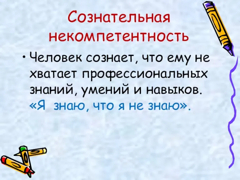 Сознательная некомпетентность Человек сознает, что ему не хватает профессиональных знаний, умений и