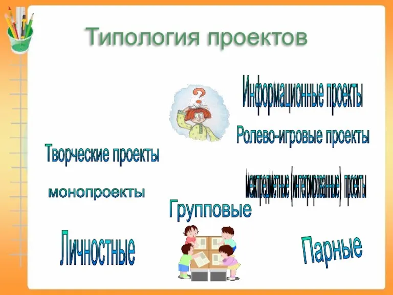 Типология проектов Исследовательские проекты Творческие проекты монопроекты Личностные Групповые Информационные проекты Ролево-игровые