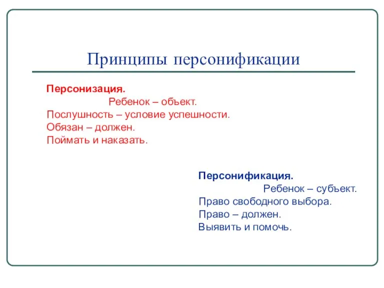 Принципы персонификации Персонизация. Ребенок – объект. Послушность – условие успешности. Обязан –