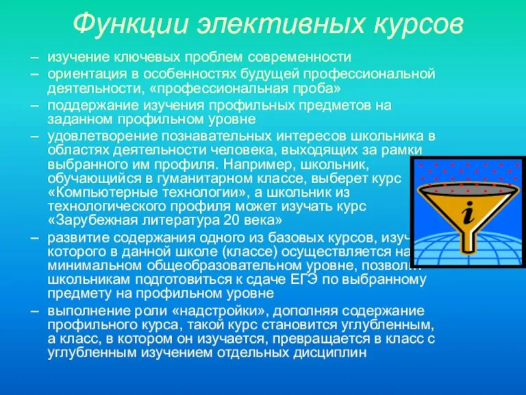 Функции элективных курсов изучение ключевых проблем современности ориентация в особенностях будущей профессиональной