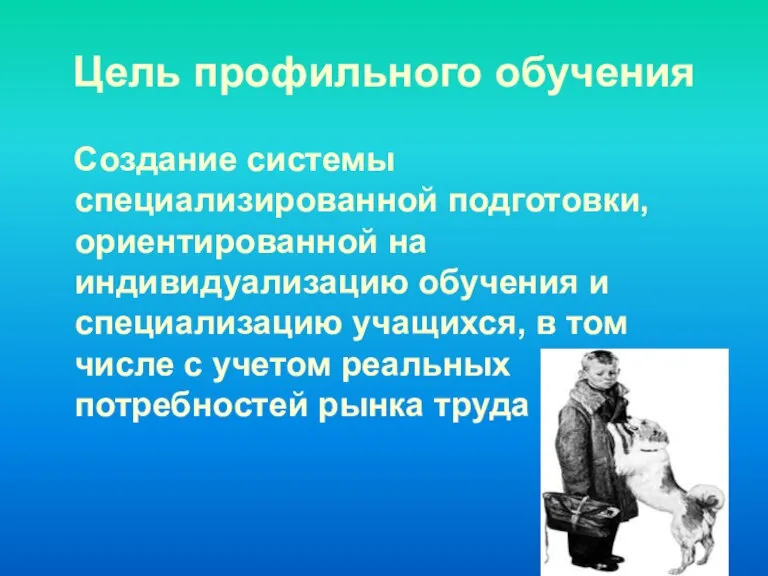 Цель профильного обучения Создание системы специализированной подготовки, ориентированной на индивидуализацию обучения и