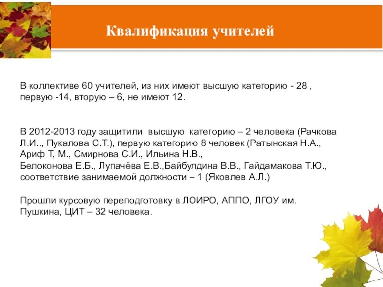 В коллективе 60 учителей, из них имеют высшую категорию - 28 ,