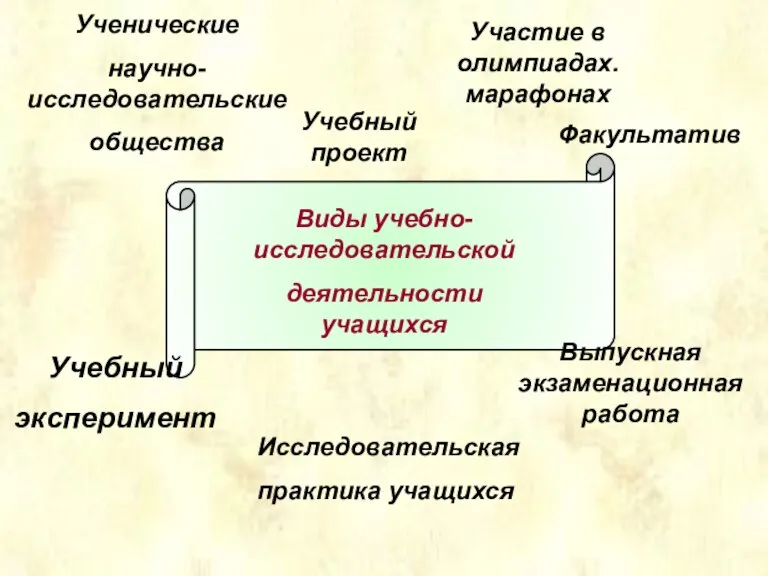 Виды учебно-исследовательской деятельности учащихся Учебный эксперимент Исследовательская практика учащихся Выпускная экзаменационная работа