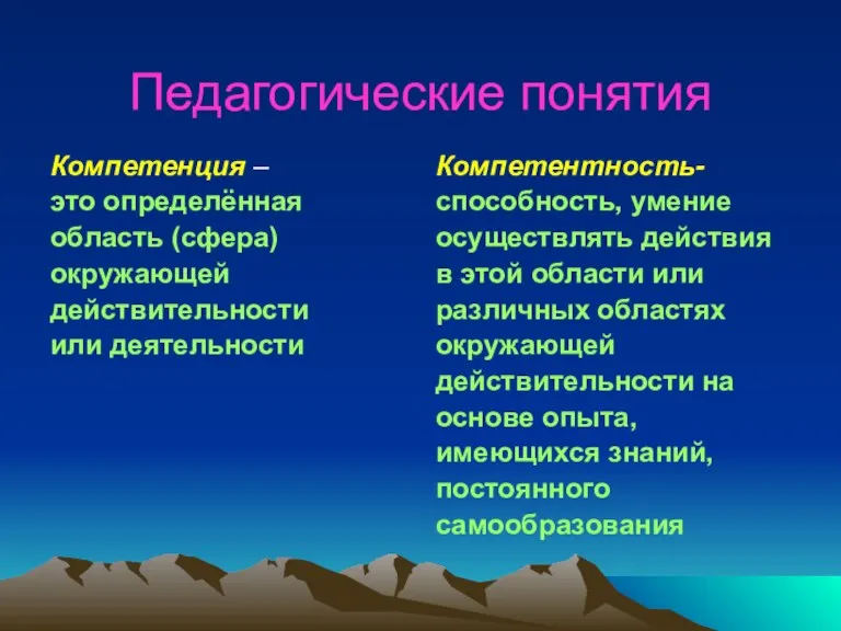 Педагогические понятия Компетенция – это определённая область (сфера) окружающей действительности или деятельности