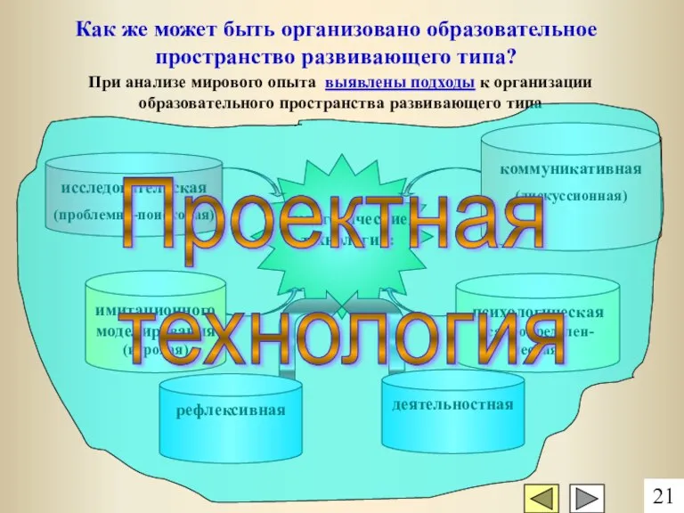 рефлексивная При анализе мирового опыта выявлены подходы к организации образовательного пространства развивающего